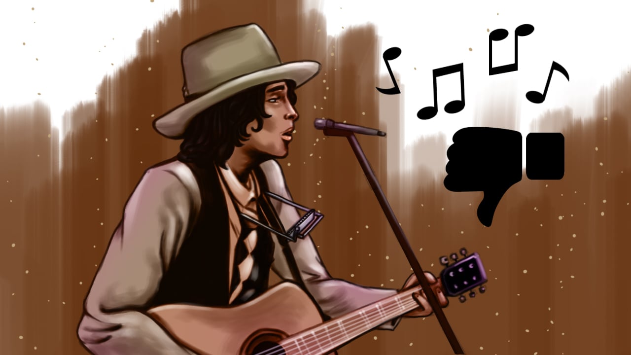 Illustration of Bob Dylan singing and playing guitar with a thumbs down icon indicating his worst songs.