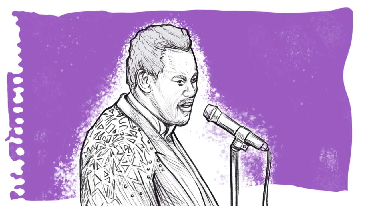 An illustration of Luther Vandross singing.