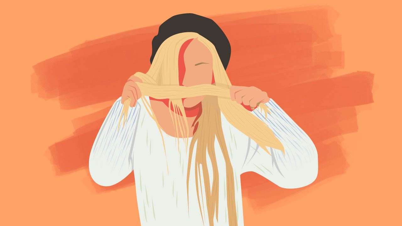 An illustration of a woman, representing Maggie May, covering her face with her long blonde hair.