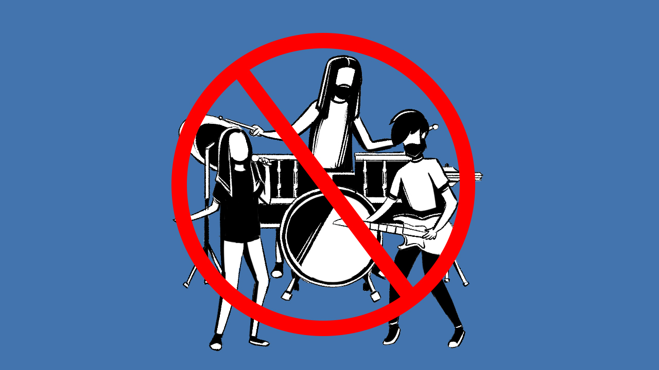 An illustration of a band with a 'no' symbol over it, signifying the potential banning of Song of the South.