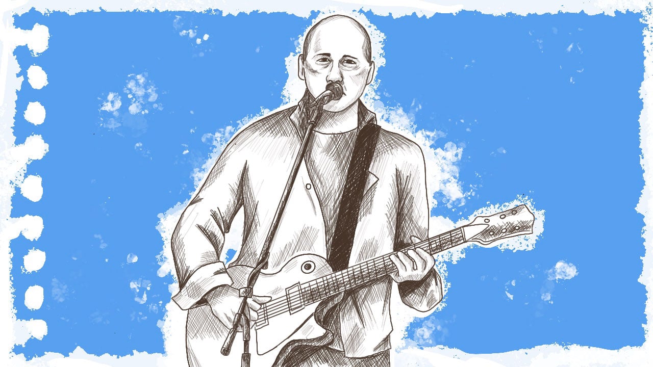 A illustration of Mark Knopfler playing guitar and singing, perhaps as a guest on an album.