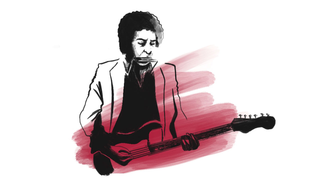 An illustration of Bob Dylan playing a guitar with a harmonica, possibly as a guest on another artist’s album.