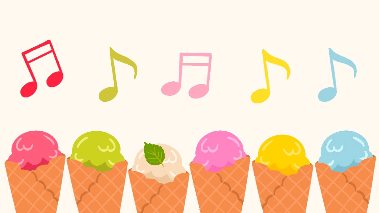 An illustration showing colorful ice cream cones with similarly colored music notes above them, symbolizing ice cream songs.