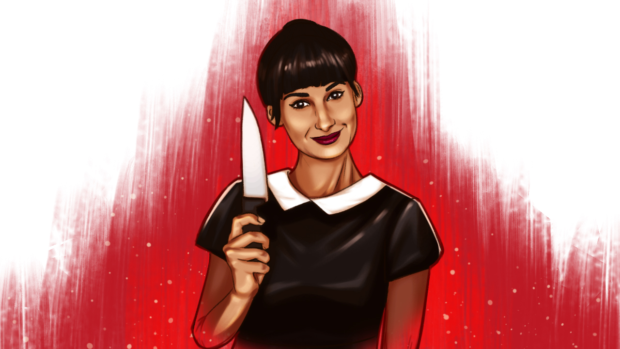 An illustration showing a woman with a creepy smile holding a knife against a blood red background. This symbolizes songs about psychos.