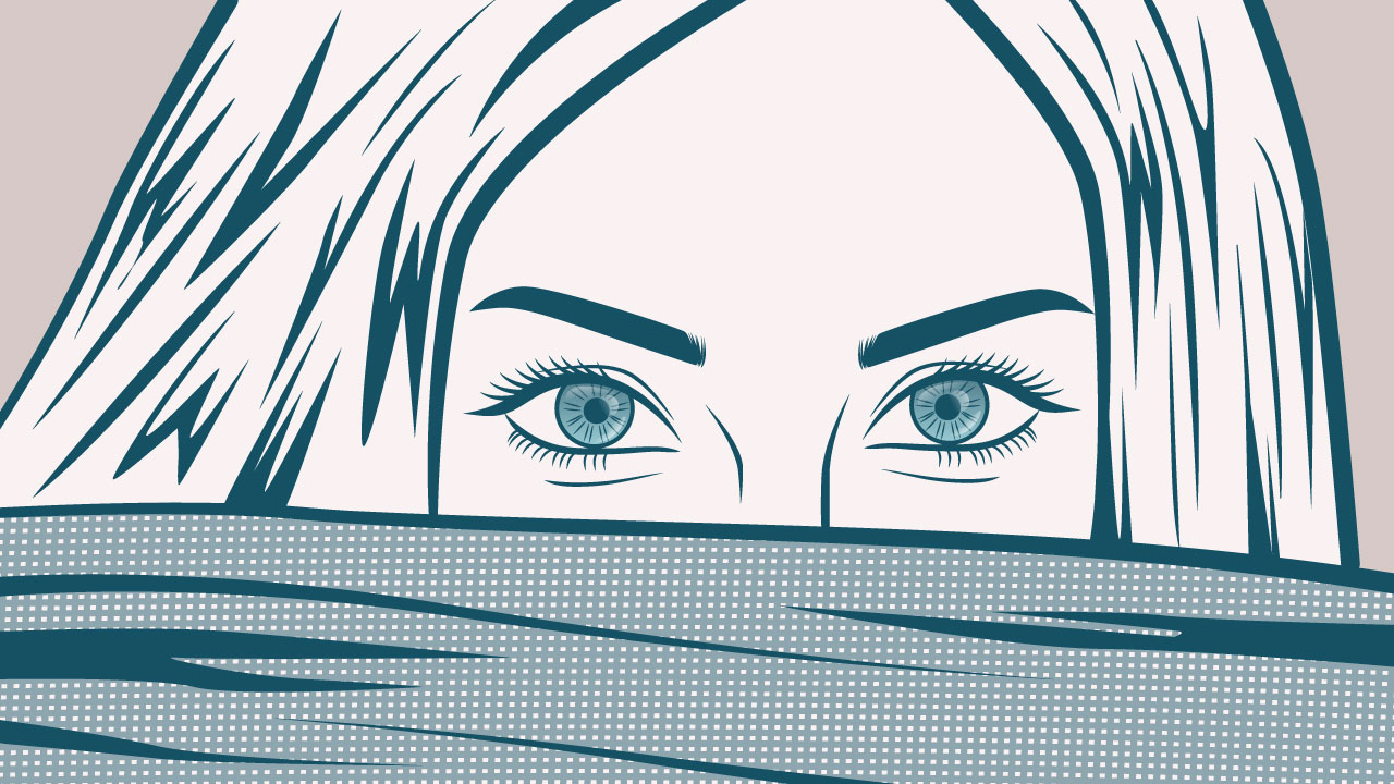 An illustration of a woman covering her face with cloth, so all you see is her eyes, signifying the song In Your Eyes.