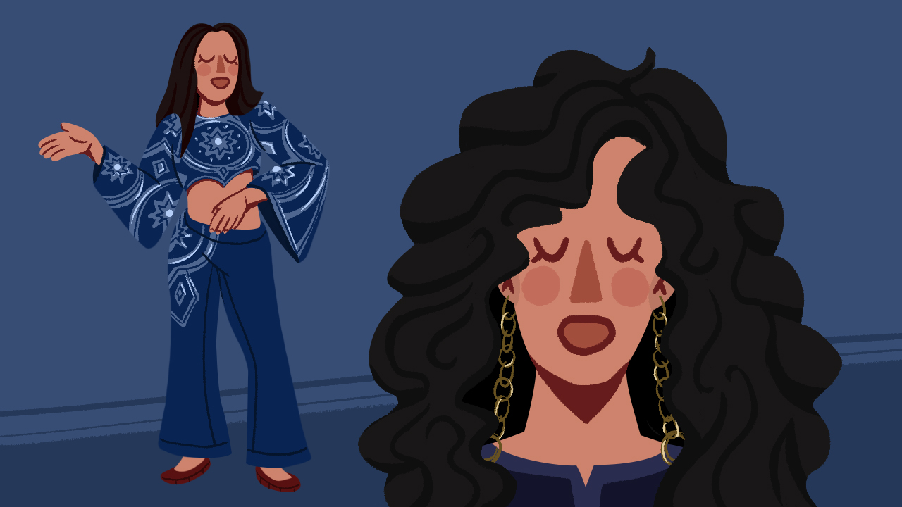 An illustration showing Cher in the 1960s, then as an older woman.