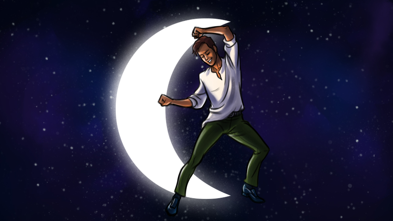 An illustration of a man dancing with a glowing crescent moon behind him and a starry night sky in the background.