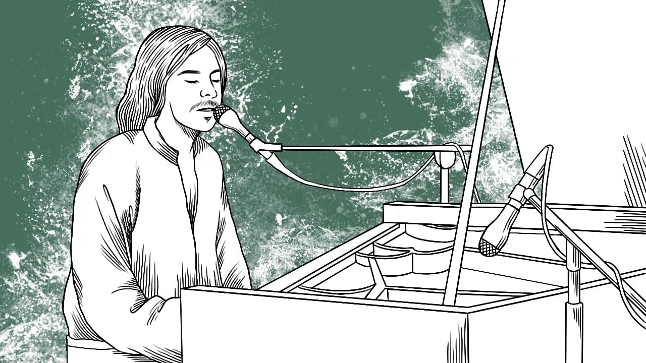 Illustration of Gary Brooker of Procol Harum singing and playing the piano.