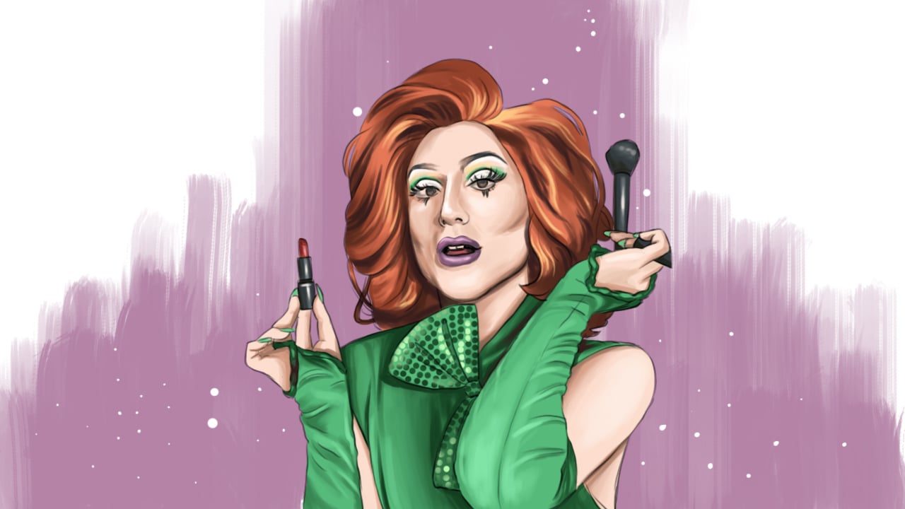 A person with long red hair, applying makeup and wearing a green blouse with bare shoulders and green arm sleeves, perhaps personifying a dude that looks like a lady.