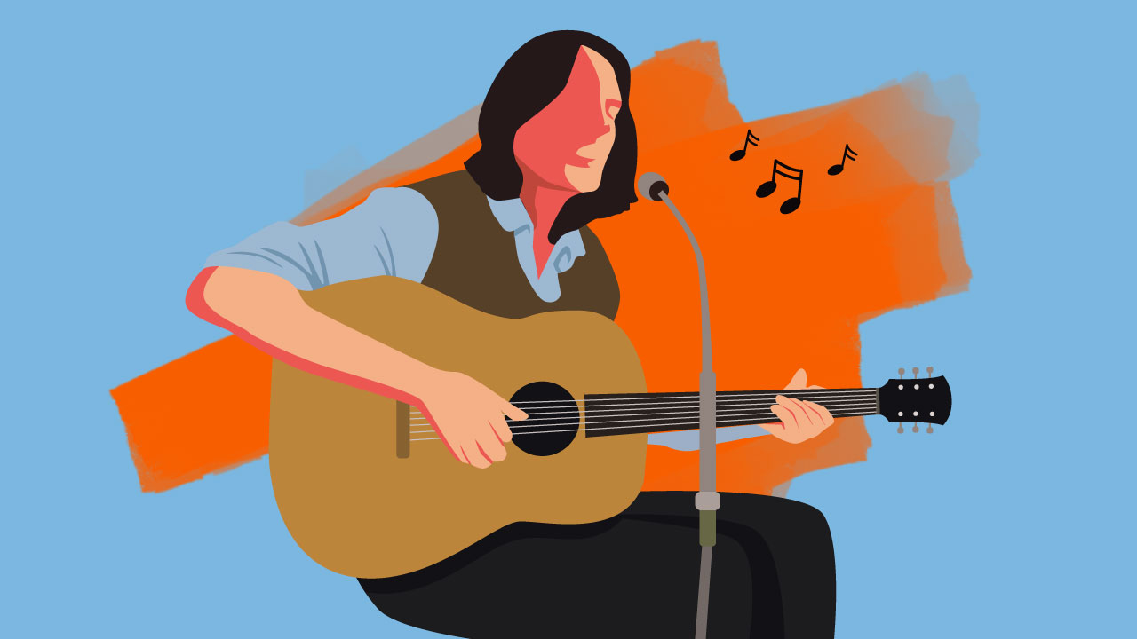 An illustration of James Taylor playing guitar, possibly as a guest on another artist's song.