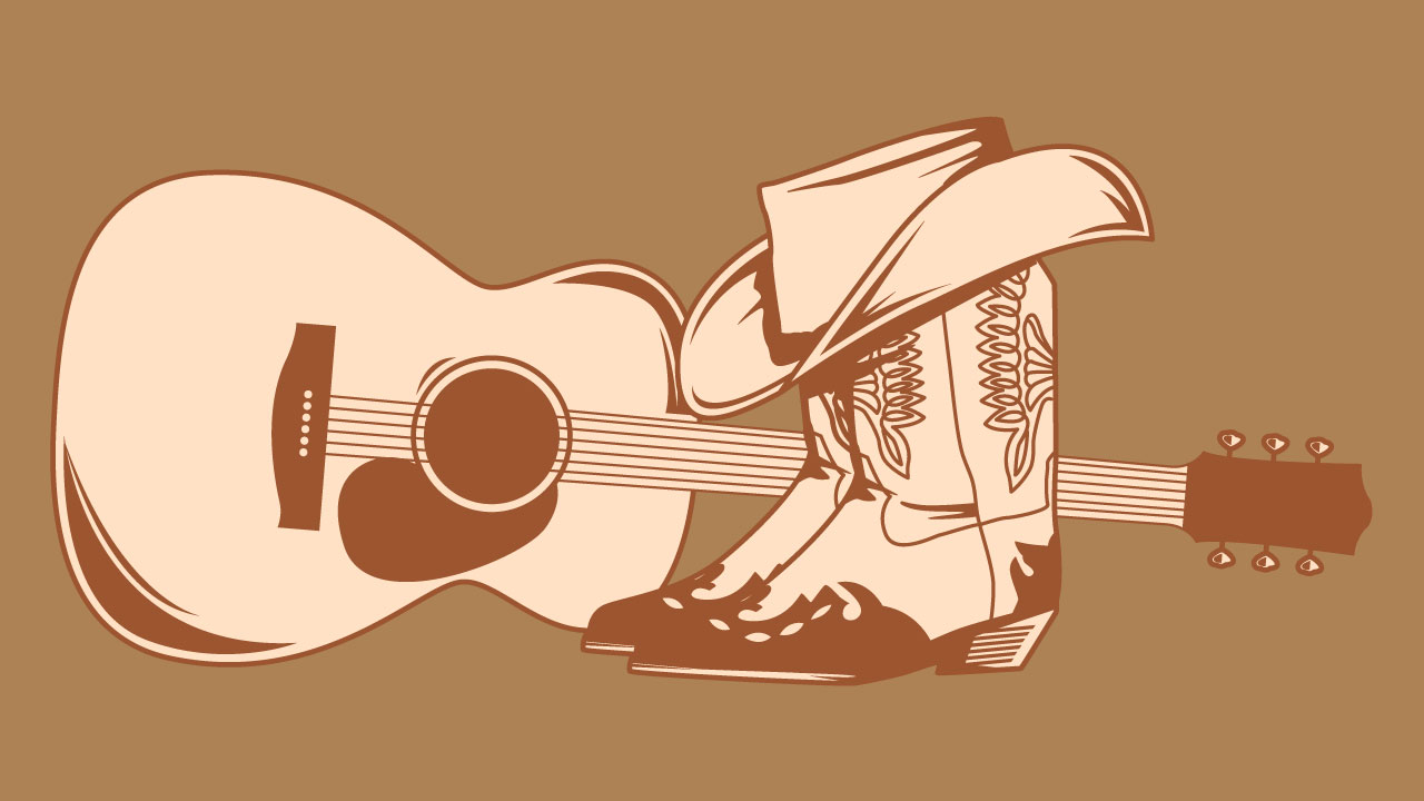 An illustration, perhaps depicting 90s country songs, of a guitar next to a pair of cowboy boots with a cowboy hat on top of the boots.