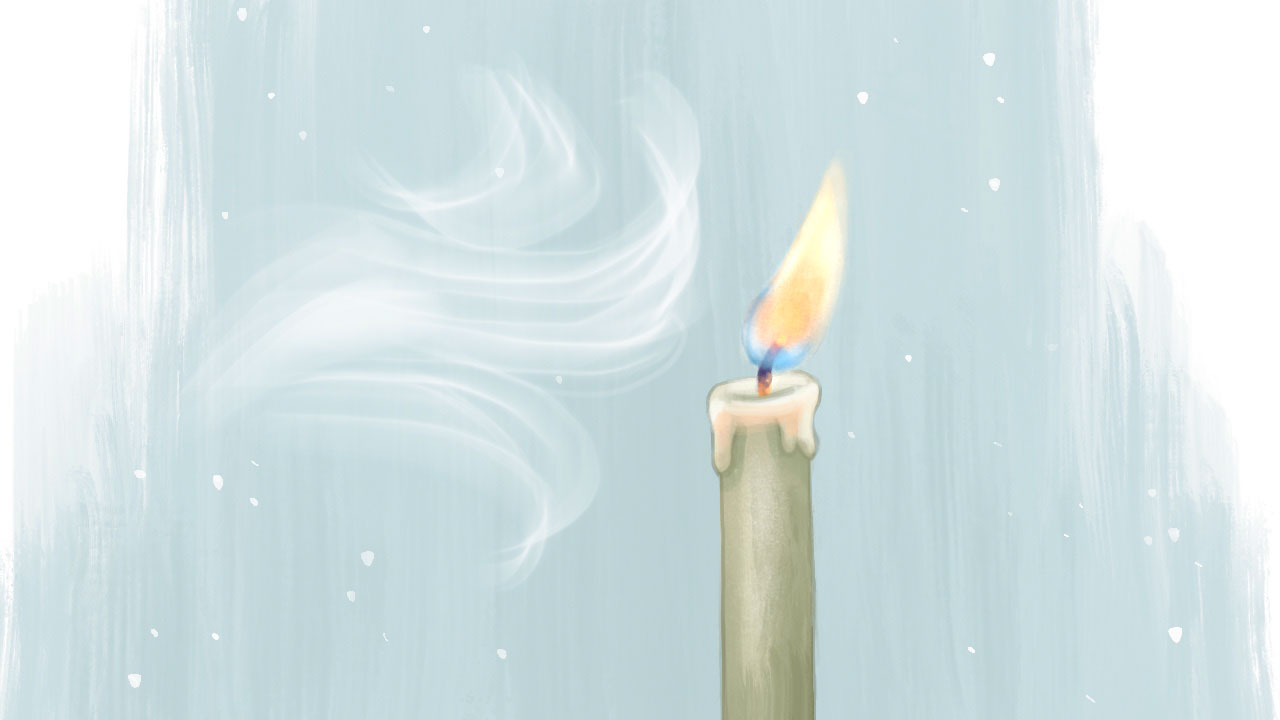 An illustration of a lit candle being blown in the wind.