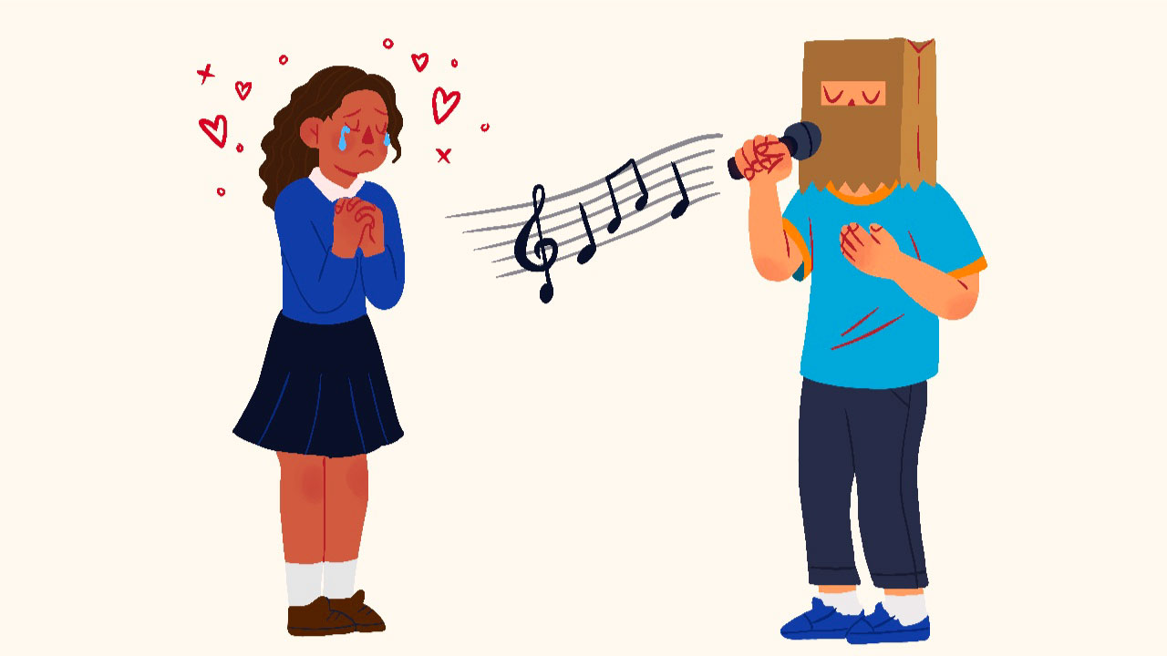 An illustration of a man with a paper bag on his head singing to a woman who's crying because the music is so good that it's killing her softly.