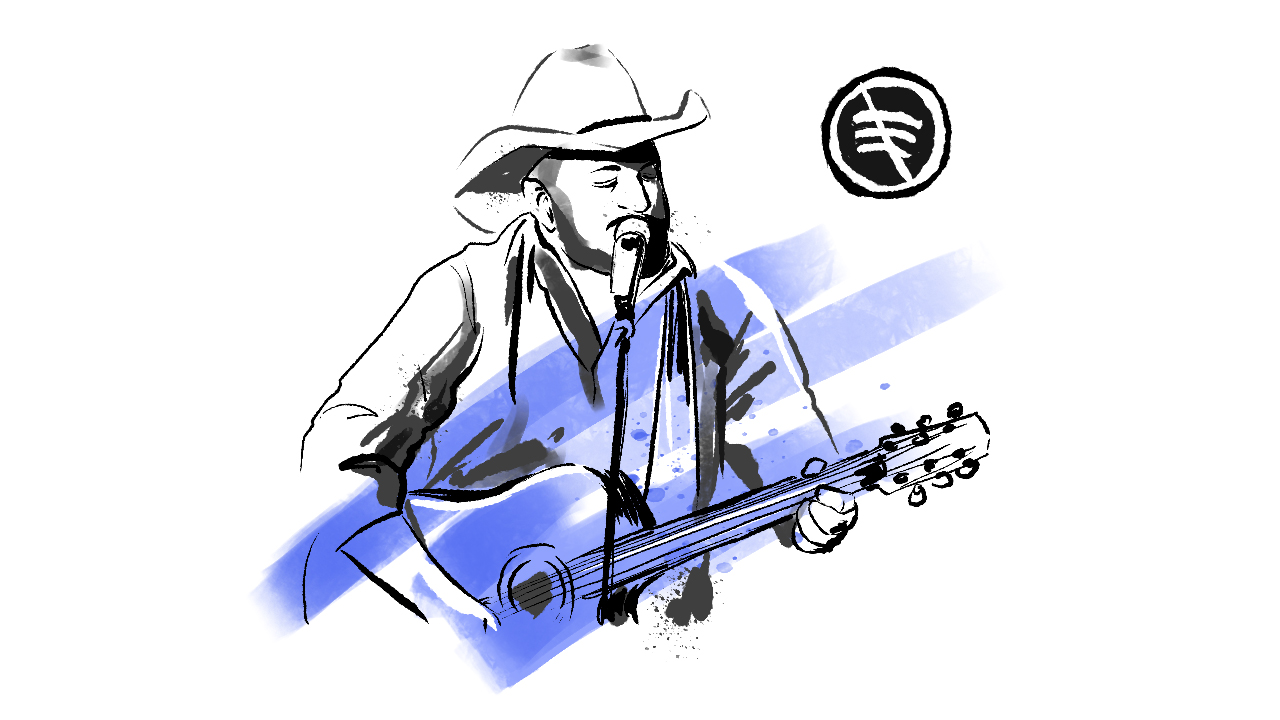 A black and white illustration of Garth Brooks with a 'no' line over a Spotify symbol.