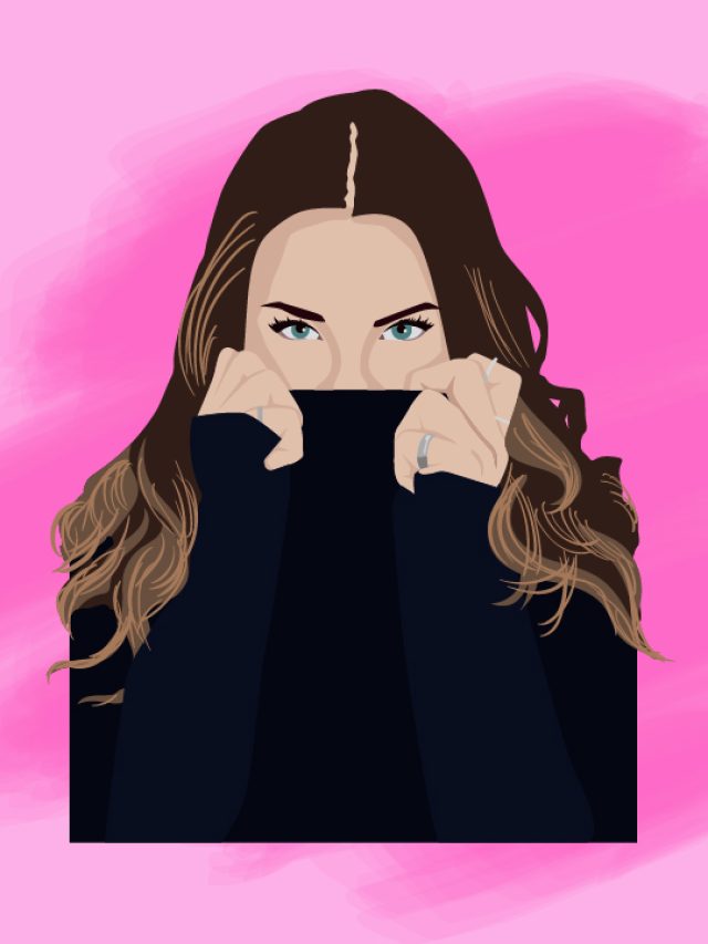 An illustration of a woman pulling her collar up over her lower face, symbolizing the question 'who is sweet Caroline?'