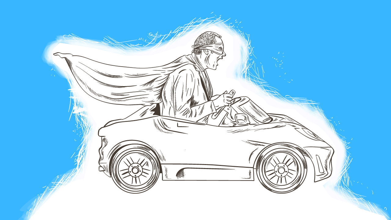 An illustration of a man with a cape driving fast in a mini car.