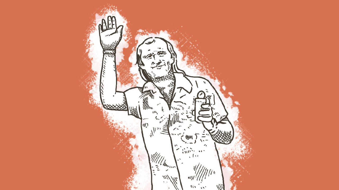 A black and white illustration of Phil Collins waving goodbye.