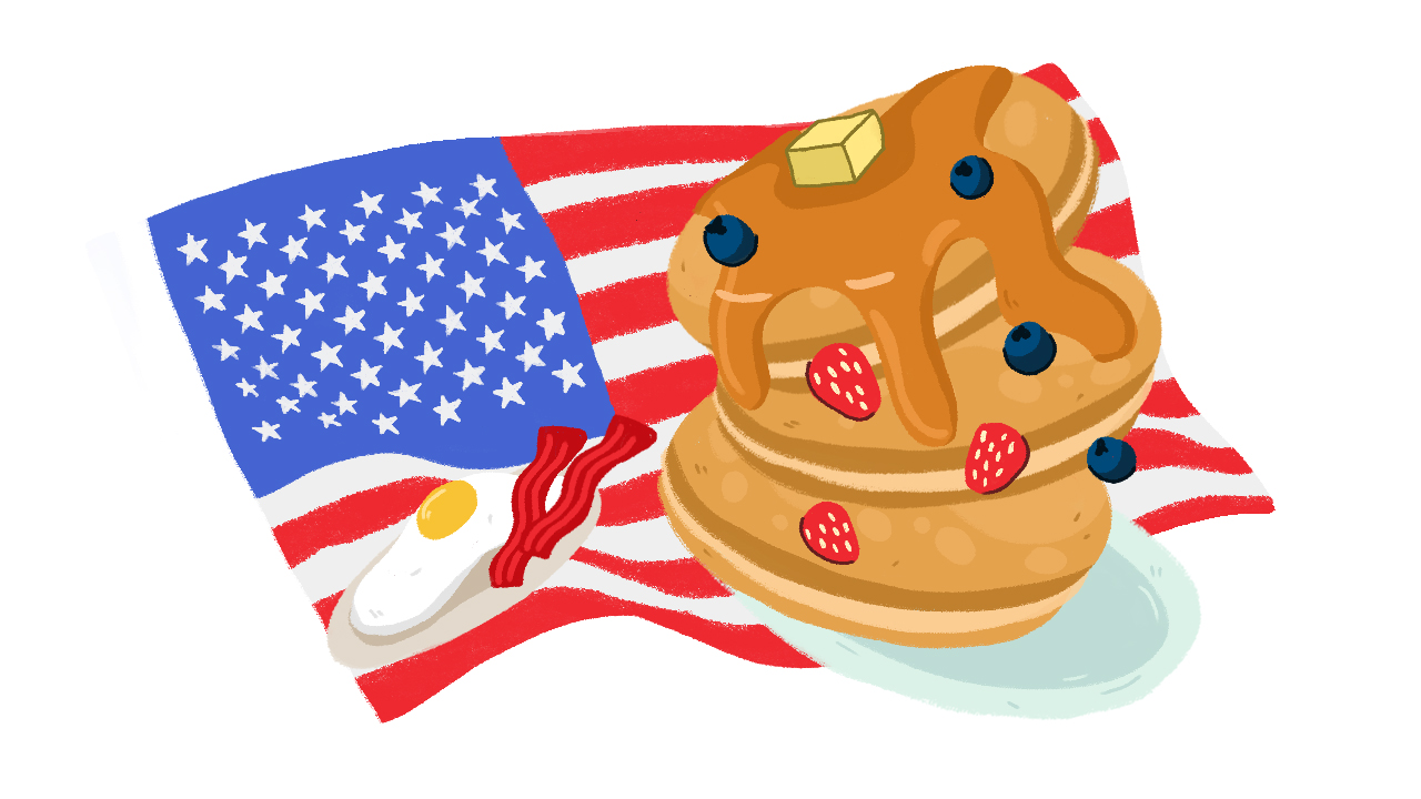 An illustration of pancakes, a fried egg and bacon over a background of the USA flag, symbolizing Breakfast in America.