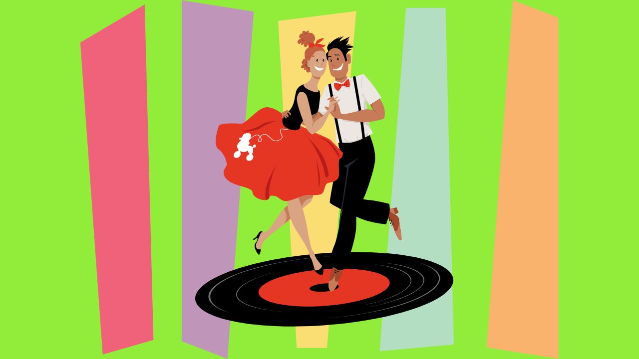 A graphic of 1950s style dancers possibly dancing to The Isley Brothers music.