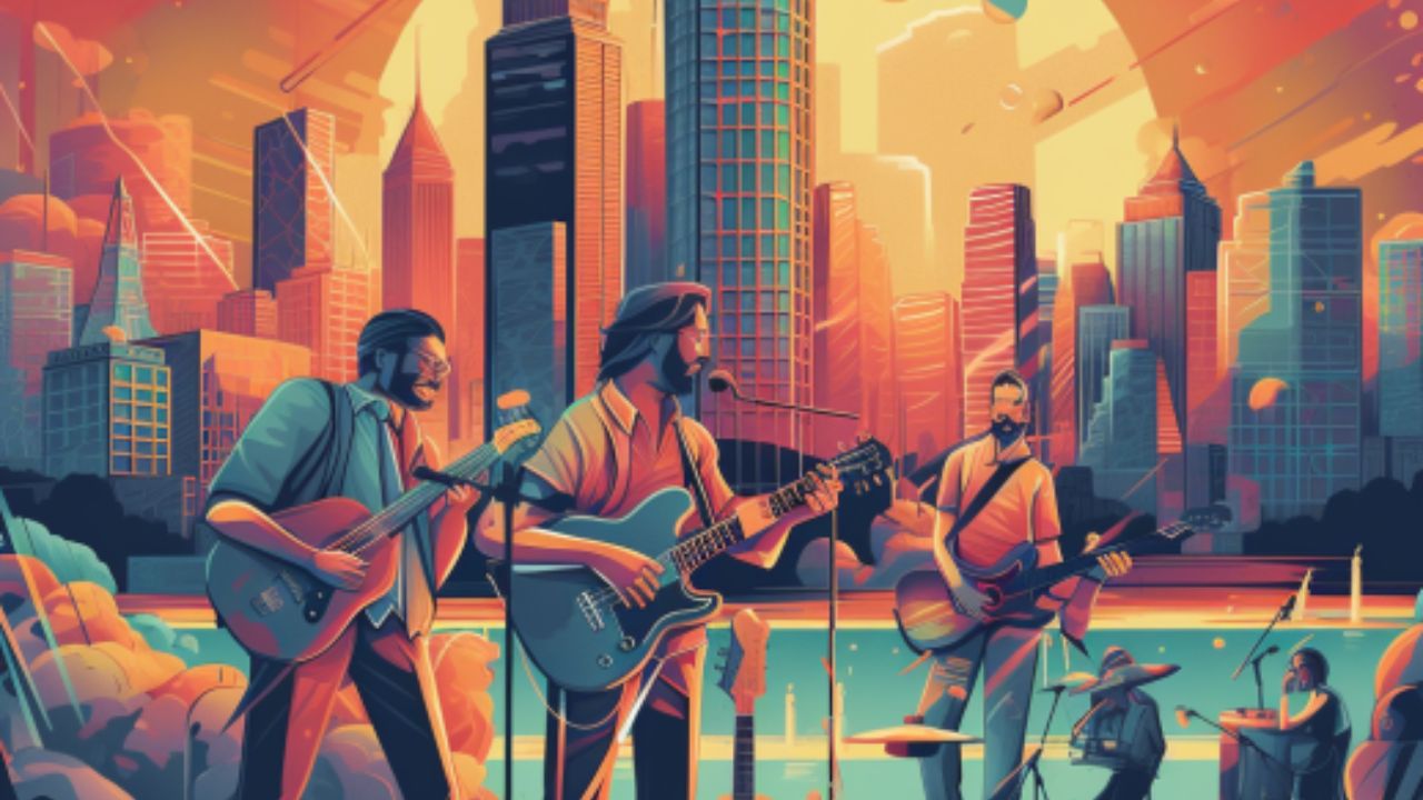 An illustration of a rock and roll band playing in front of the Cleveland skyline