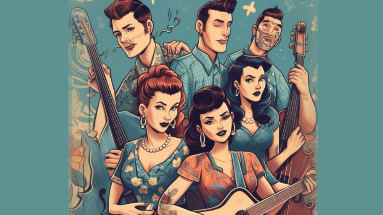 An illustration of a rockabilly band