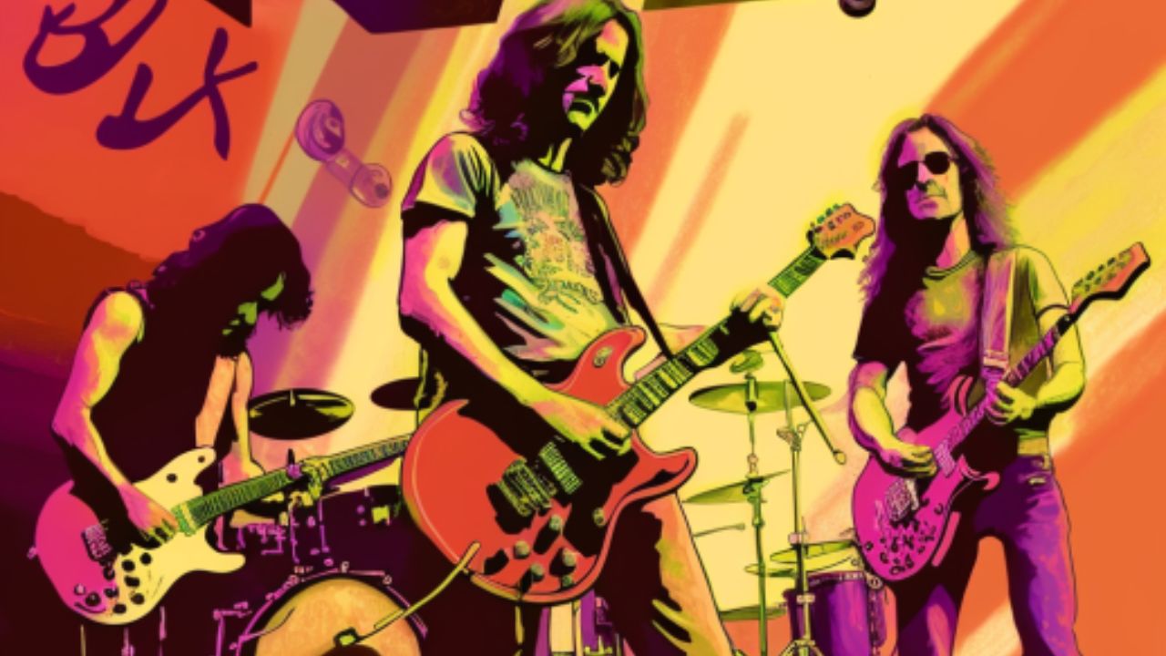 An illustration of the band, Rush, playing one of their greatest songs on stage.