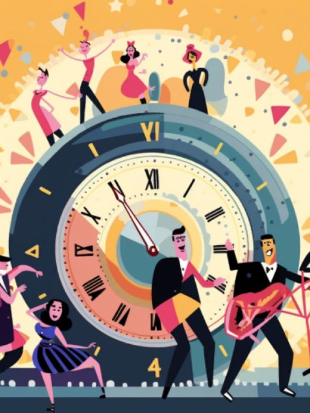An illustration of a band and people dancing as they Rock Around the Clock