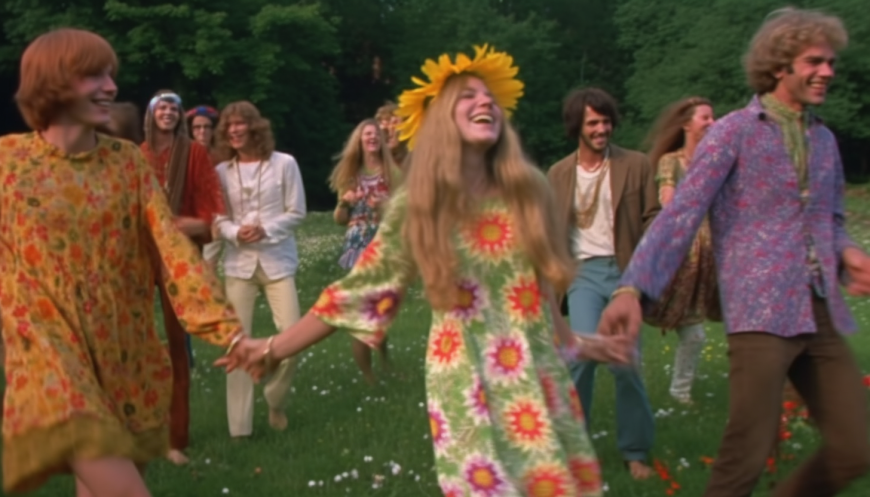 Hippies dancing to songs in a field