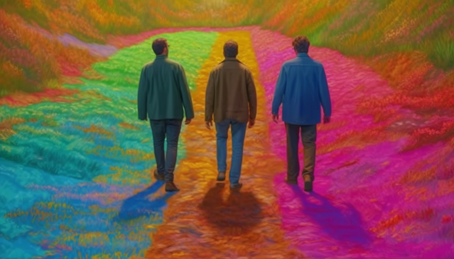 Three men walking on three different paths symbolizing the breakup of Rush