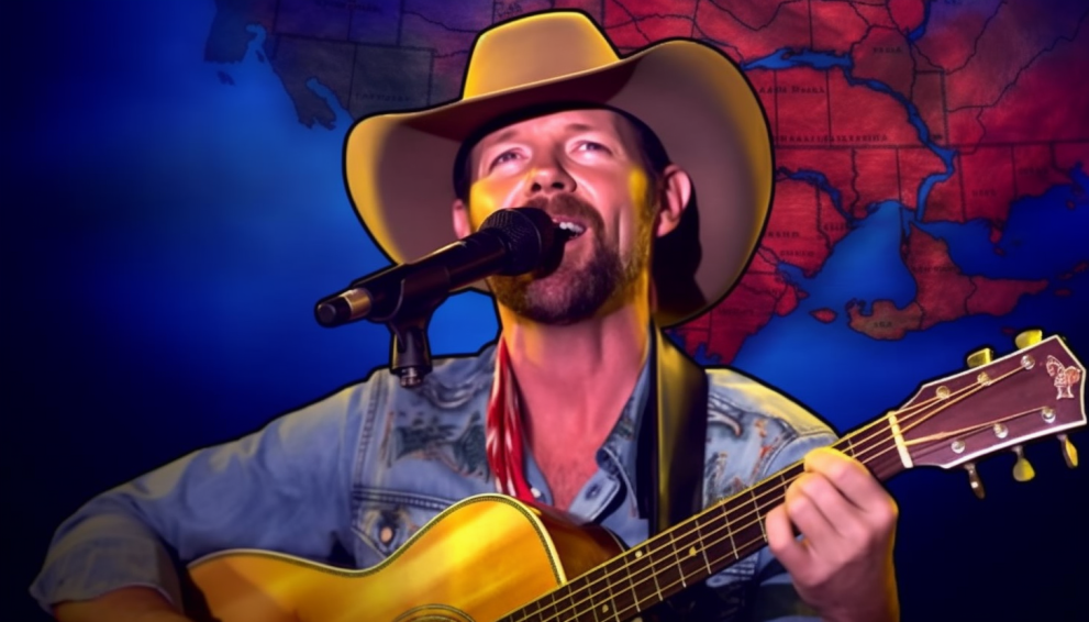 An illustration of a singer in a cowboy hat with the state of Alabama in the background