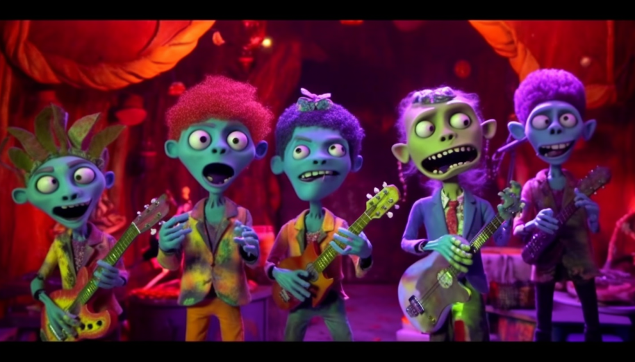 An image of five cute zombies playing music on stage, representing the band, The Zombies