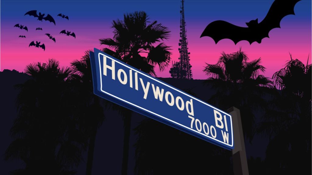 An illustration of a Hollywood street sign at sunset with bats flying around it. Who are the Hollywood Vampires?