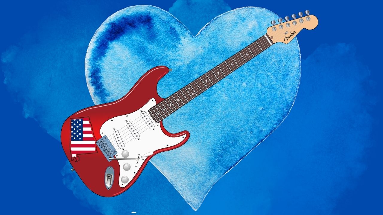 An image of a guitar with the state of Alabama on it in front of a heart, representing the song Sweet Home Alabama