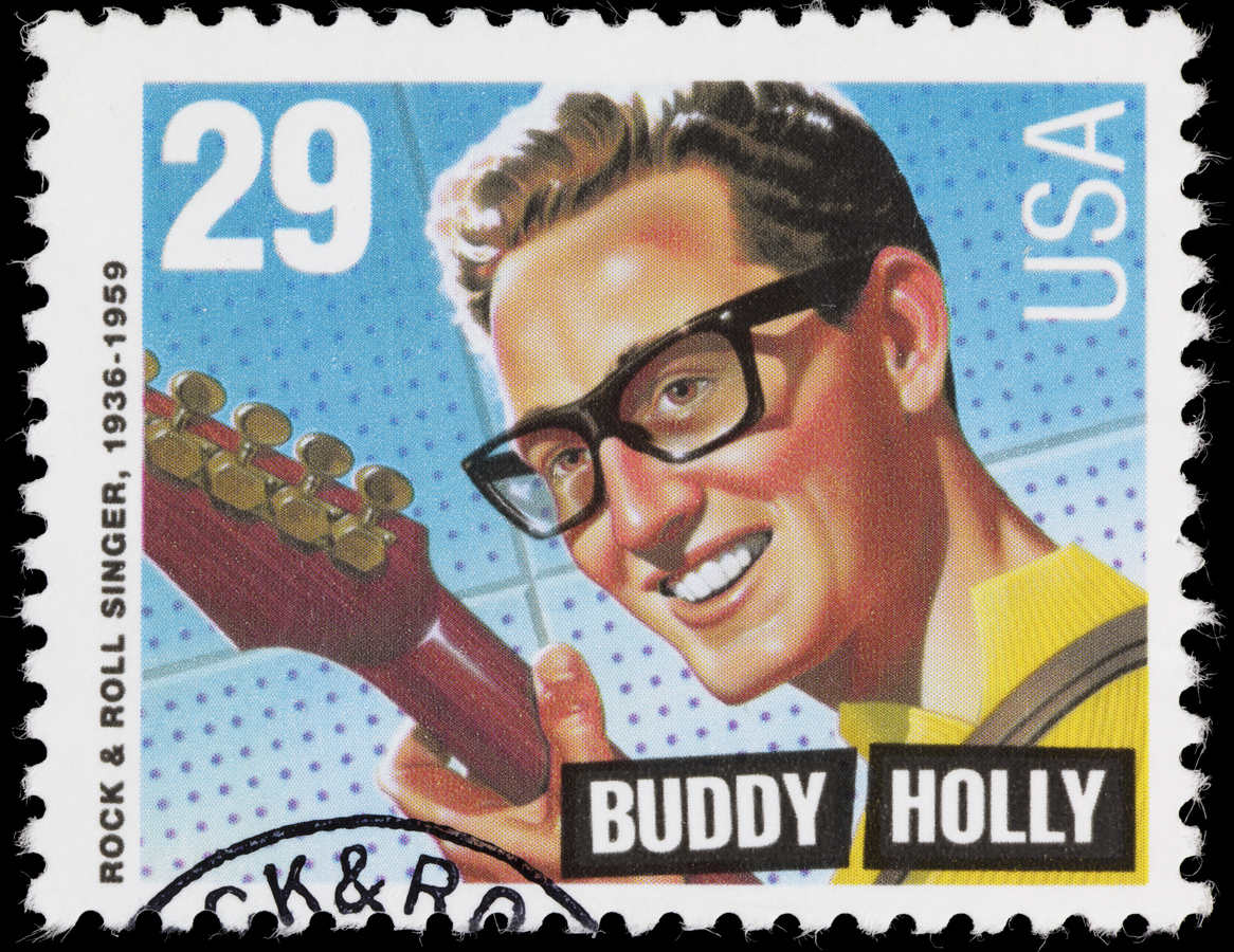 Buddy Holly, one of the great musicians from Texas, on a postage stamp
